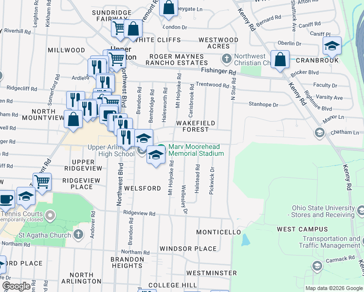 map of restaurants, bars, coffee shops, grocery stores, and more near 2971 Wellesley Drive in Columbus