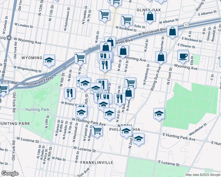 map of restaurants, bars, coffee shops, grocery stores, and more near 4431 North Lawrence Street in Philadelphia