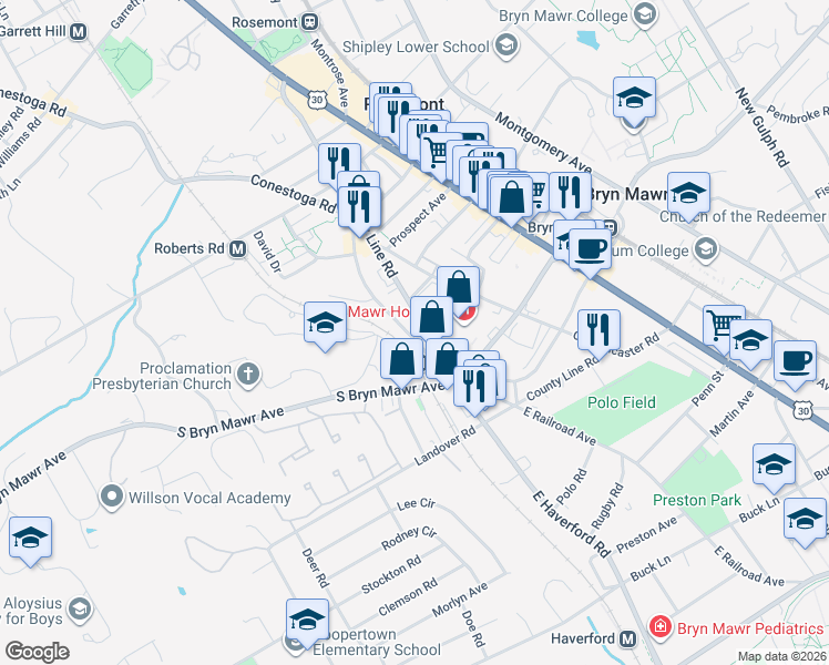 map of restaurants, bars, coffee shops, grocery stores, and more near 828 Glenbrook Avenue in Bryn Mawr