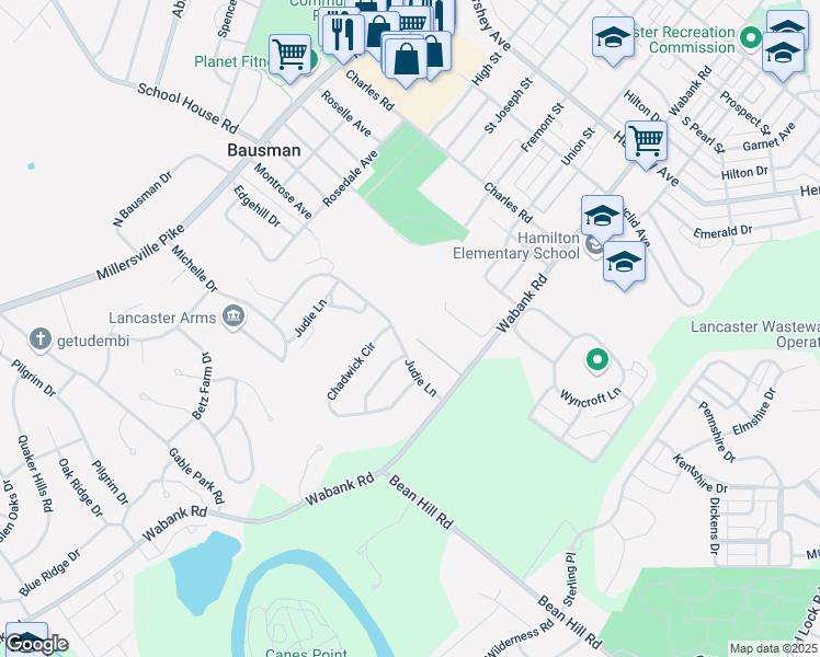 map of restaurants, bars, coffee shops, grocery stores, and more near 405 Lefever Avenue in Lancaster