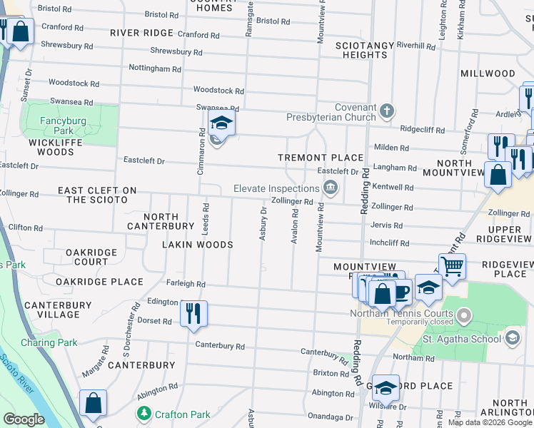 map of restaurants, bars, coffee shops, grocery stores, and more near 3135 Asbury Drive in Columbus