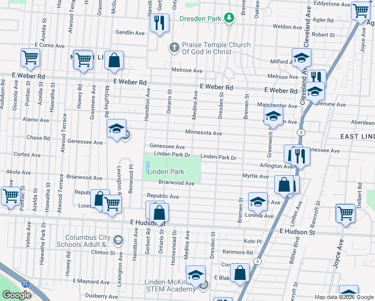 map of restaurants, bars, coffee shops, grocery stores, and more near 1361 Genessee Avenue in Columbus