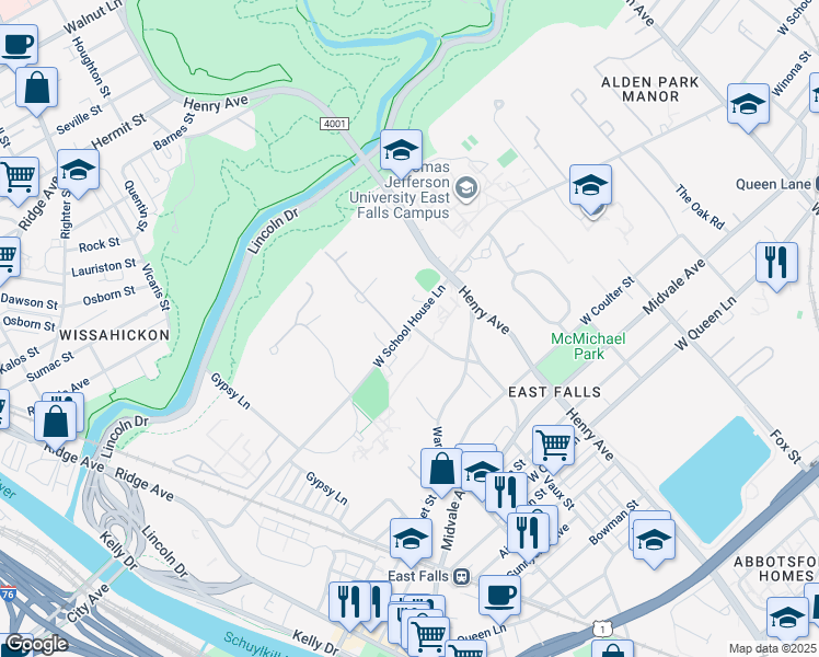 map of restaurants, bars, coffee shops, grocery stores, and more near 3400 West School House Lane in Philadelphia