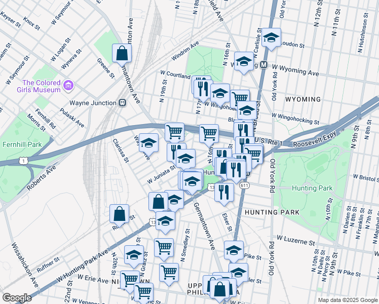 map of restaurants, bars, coffee shops, grocery stores, and more near 1700 West Bristol Street in Philadelphia