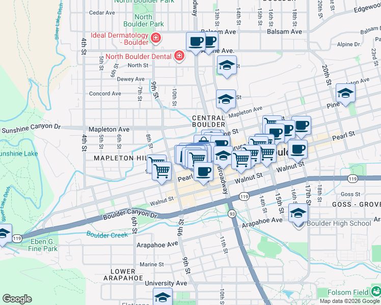 map of restaurants, bars, coffee shops, grocery stores, and more near 1019 Spruce Street in Boulder