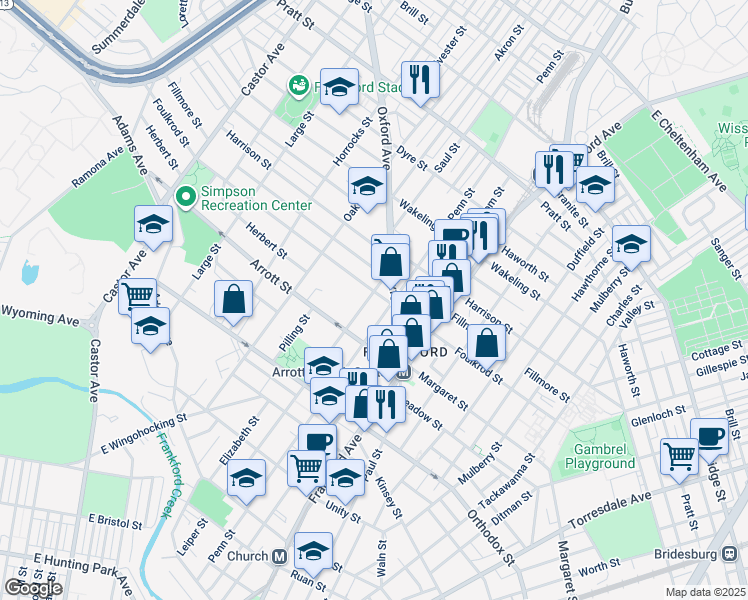 map of restaurants, bars, coffee shops, grocery stores, and more near 4743 Leiper Street in Philadelphia