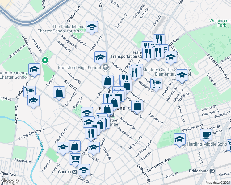 map of restaurants, bars, coffee shops, grocery stores, and more near 4820 Griscom Street in Philadelphia