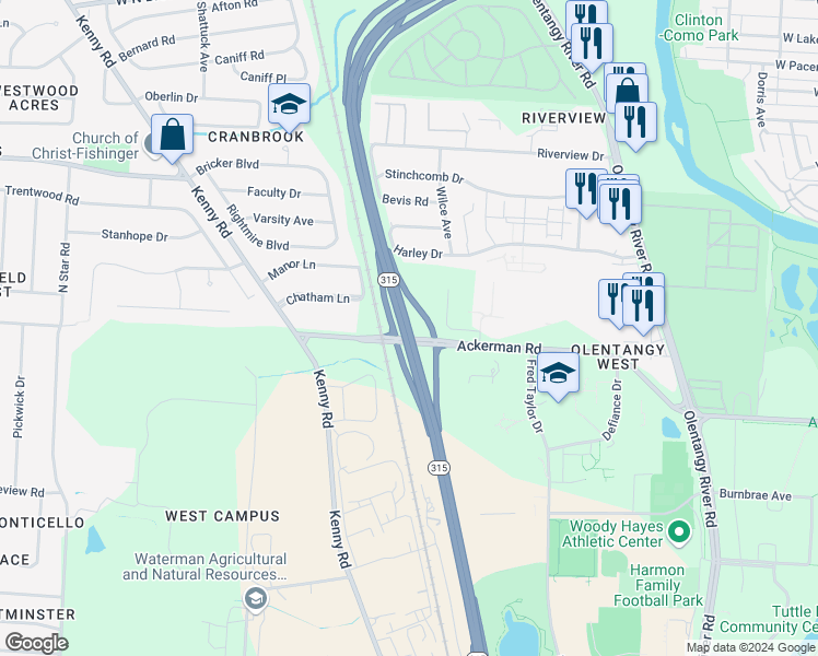 map of restaurants, bars, coffee shops, grocery stores, and more near Olentangy Freeway in Columbus