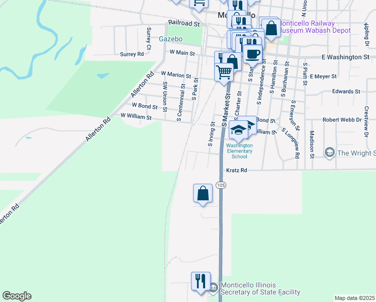 map of restaurants, bars, coffee shops, grocery stores, and more near 499 West Monroe Street in Monticello