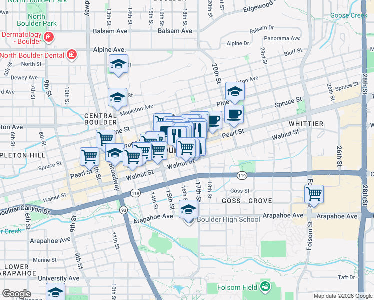 map of restaurants, bars, coffee shops, grocery stores, and more near 1701 Walnut Street in Boulder