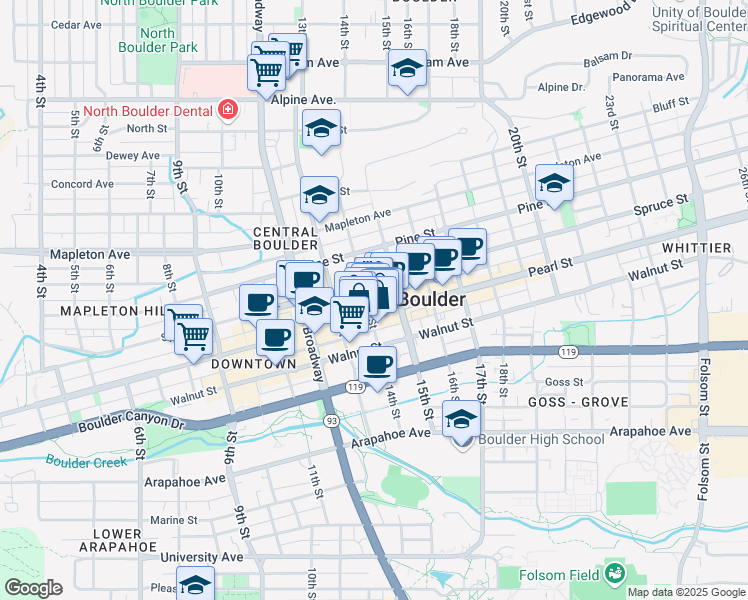 map of restaurants, bars, coffee shops, grocery stores, and more near 1406 Pearl Street in Boulder