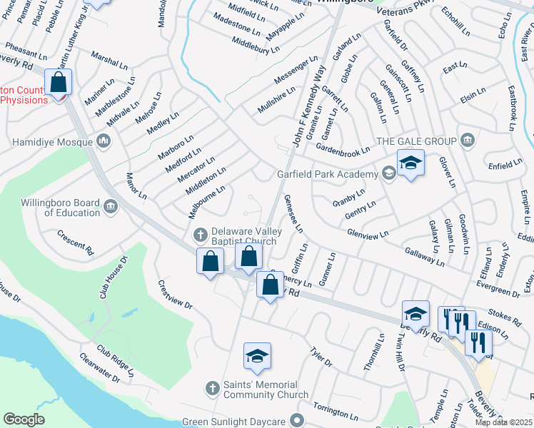 map of restaurants, bars, coffee shops, grocery stores, and more near 1 Derry Drive in Willingboro