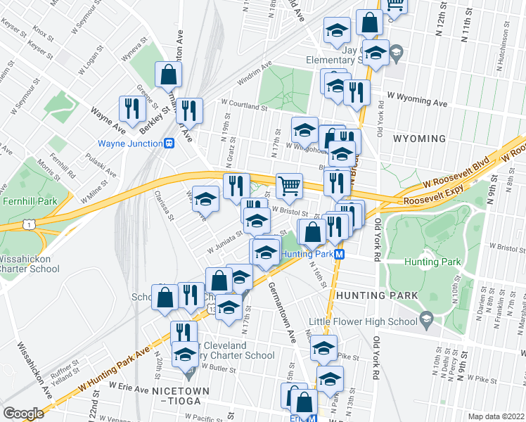 map of restaurants, bars, coffee shops, grocery stores, and more near 1700 West Bristol Street in Philadelphia