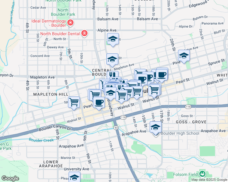map of restaurants, bars, coffee shops, grocery stores, and more near 2045 13th Street in Boulder