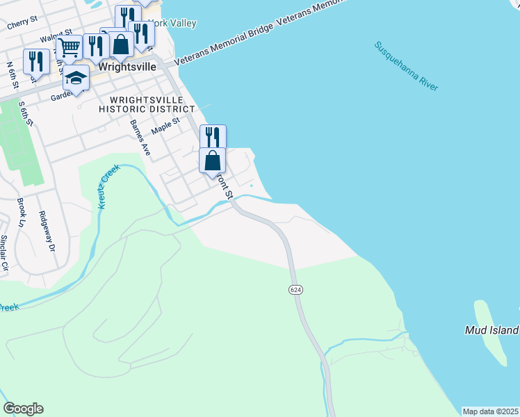 map of restaurants, bars, coffee shops, grocery stores, and more near 751 South Front Street in Wrightsville