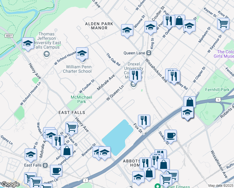 map of restaurants, bars, coffee shops, grocery stores, and more near 3026 West Queen Lane in Philadelphia