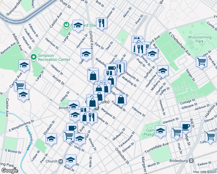 map of restaurants, bars, coffee shops, grocery stores, and more near 4842 1/2 Frankford Avenue in Philadelphia