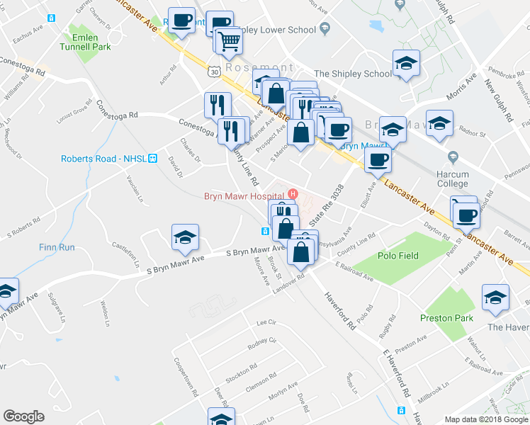 map of restaurants, bars, coffee shops, grocery stores, and more near 857 Glenbrook Avenue in Bryn Mawr