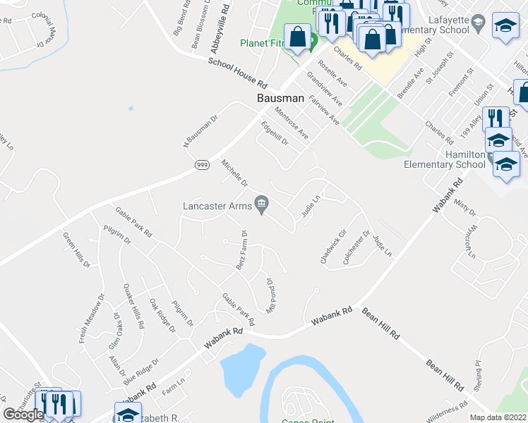 map of restaurants, bars, coffee shops, grocery stores, and more near 121 Jennings Drive in Lancaster