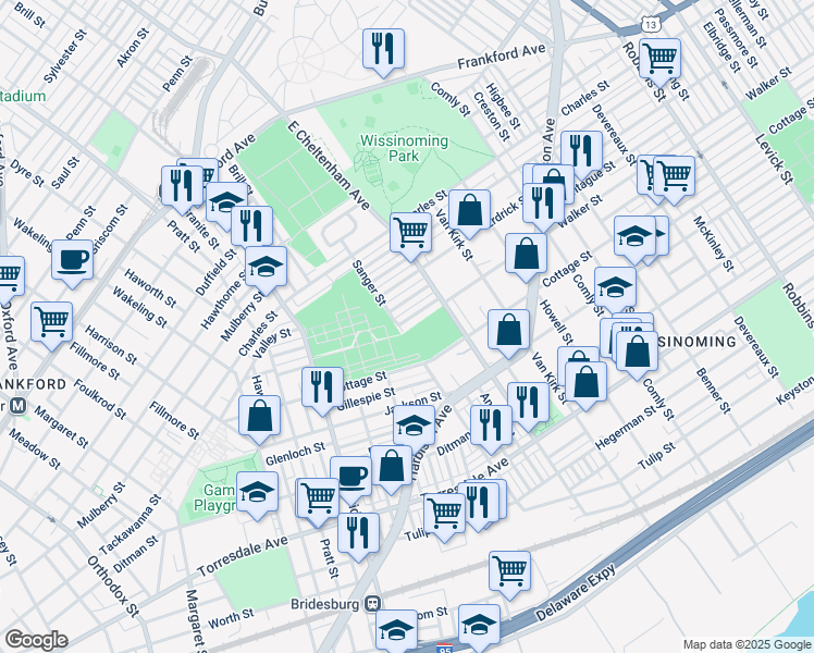 map of restaurants, bars, coffee shops, grocery stores, and more near 5403 Walker Street in Philadelphia