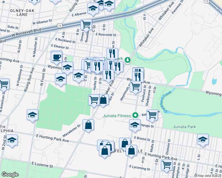 map of restaurants, bars, coffee shops, grocery stores, and more near 4607 Whitaker Avenue in Philadelphia