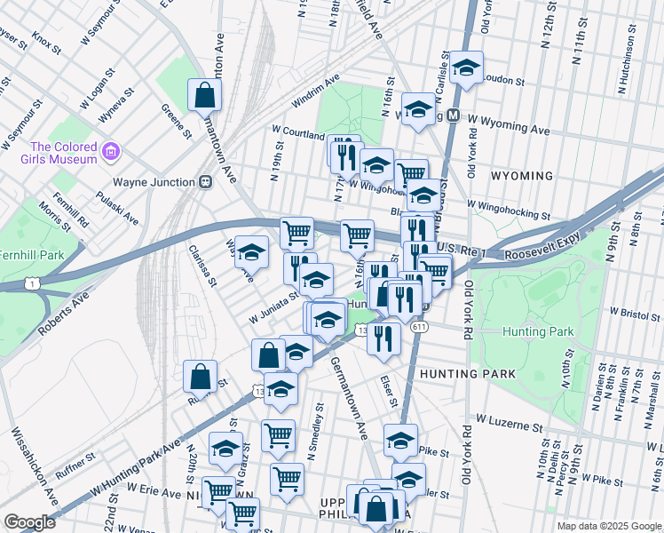 map of restaurants, bars, coffee shops, grocery stores, and more near 1648 West Bristol Street in Philadelphia