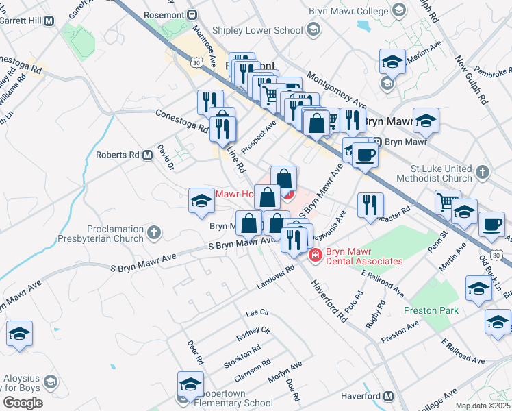 map of restaurants, bars, coffee shops, grocery stores, and more near 857 Glenbrook Avenue in Bryn Mawr