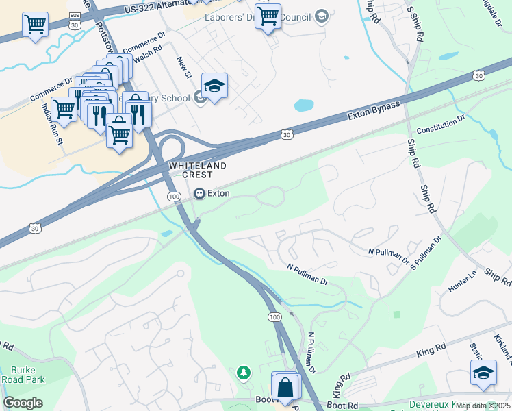 map of restaurants, bars, coffee shops, grocery stores, and more near 133 Turnhill Court in West Chester