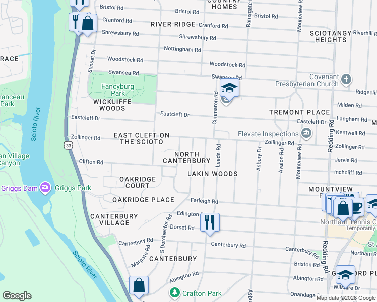 map of restaurants, bars, coffee shops, grocery stores, and more near 3133 South Dorchester Road in Upper Arlington