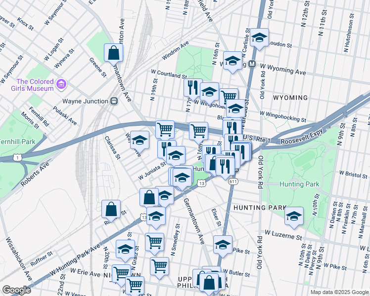 map of restaurants, bars, coffee shops, grocery stores, and more near 1648 West Bristol Street in Philadelphia