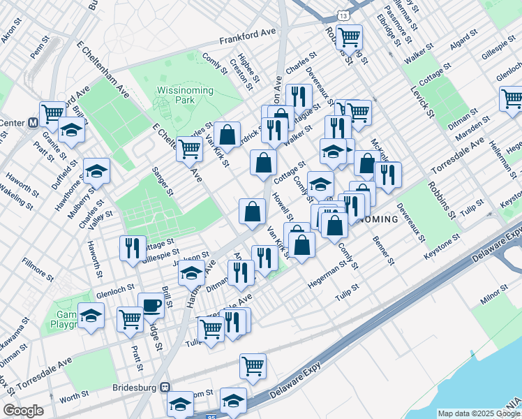 map of restaurants, bars, coffee shops, grocery stores, and more near 4417 Van Kirk Street in Philadelphia