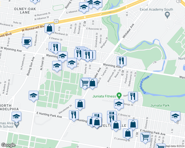 map of restaurants, bars, coffee shops, grocery stores, and more near 515 East Courtland Street in Philadelphia