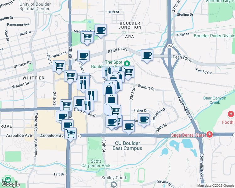 map of restaurants, bars, coffee shops, grocery stores, and more near 1850 30th Street in Boulder