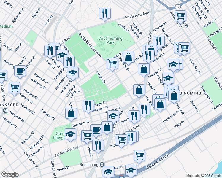 map of restaurants, bars, coffee shops, grocery stores, and more near 5403 Walker Street in Philadelphia