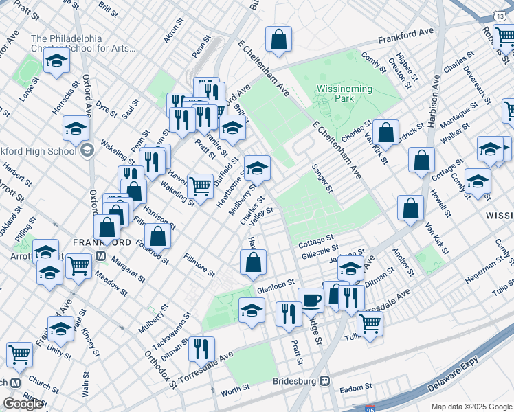 map of restaurants, bars, coffee shops, grocery stores, and more near 5121 Charles Street in Philadelphia