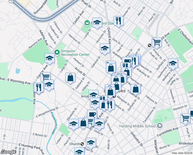 map of restaurants, bars, coffee shops, grocery stores, and more near 4712 Leiper Street in Philadelphia