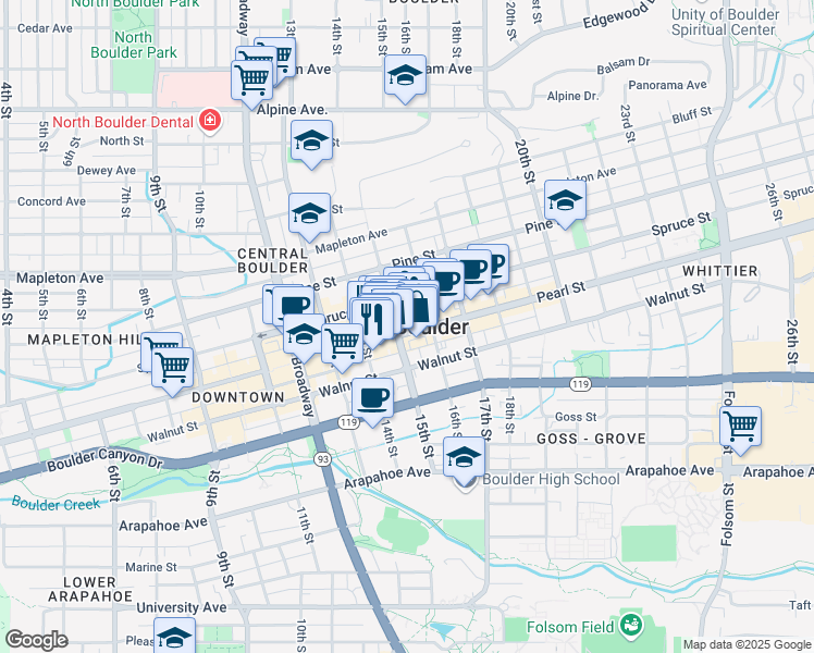 map of restaurants, bars, coffee shops, grocery stores, and more near 1474 Pearl Street in Boulder