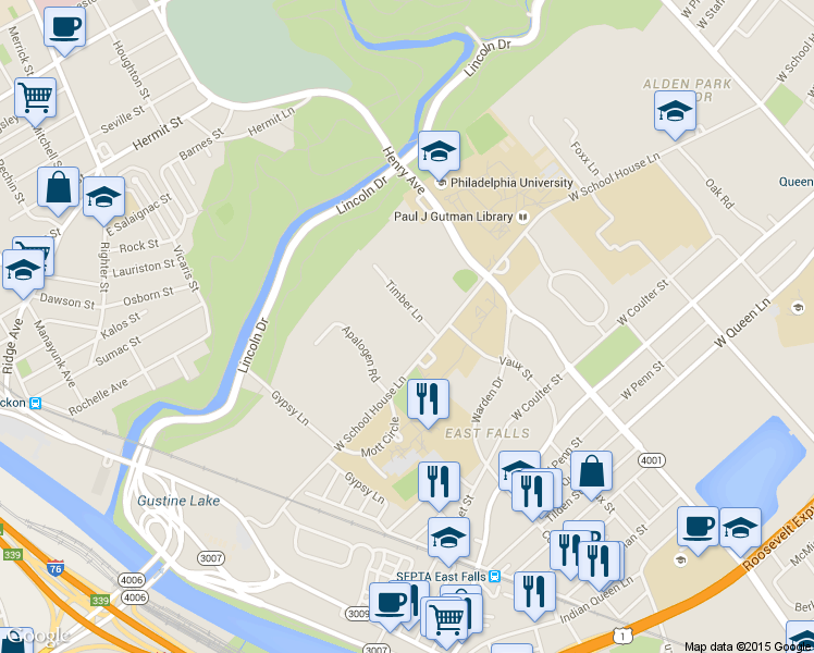 map of restaurants, bars, coffee shops, grocery stores, and more near 4024 Timber Lane in Philadelphia