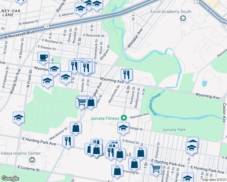 map of restaurants, bars, coffee shops, grocery stores, and more near 4618 Weymouth Street in Philadelphia