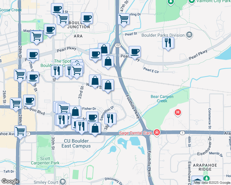 map of restaurants, bars, coffee shops, grocery stores, and more near 3900 Walnut Street in Boulder