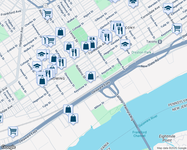 map of restaurants, bars, coffee shops, grocery stores, and more near 6335 Tulip Street in Philadelphia