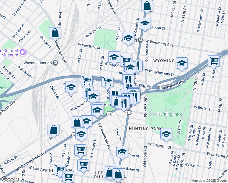 map of restaurants, bars, coffee shops, grocery stores, and more near 1525 West Bristol Street in Philadelphia