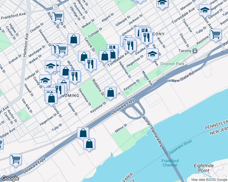 map of restaurants, bars, coffee shops, grocery stores, and more near 6335 Tulip Street in Philadelphia