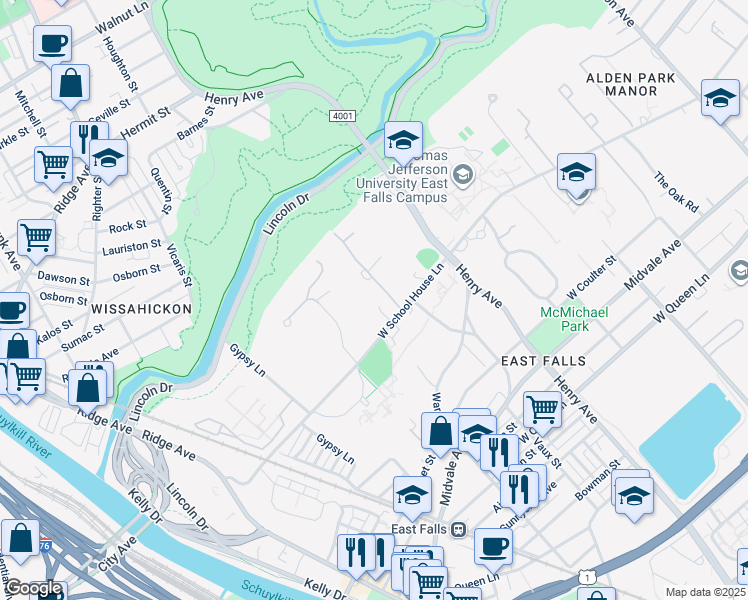 map of restaurants, bars, coffee shops, grocery stores, and more near 4024 Timber Lane in Philadelphia