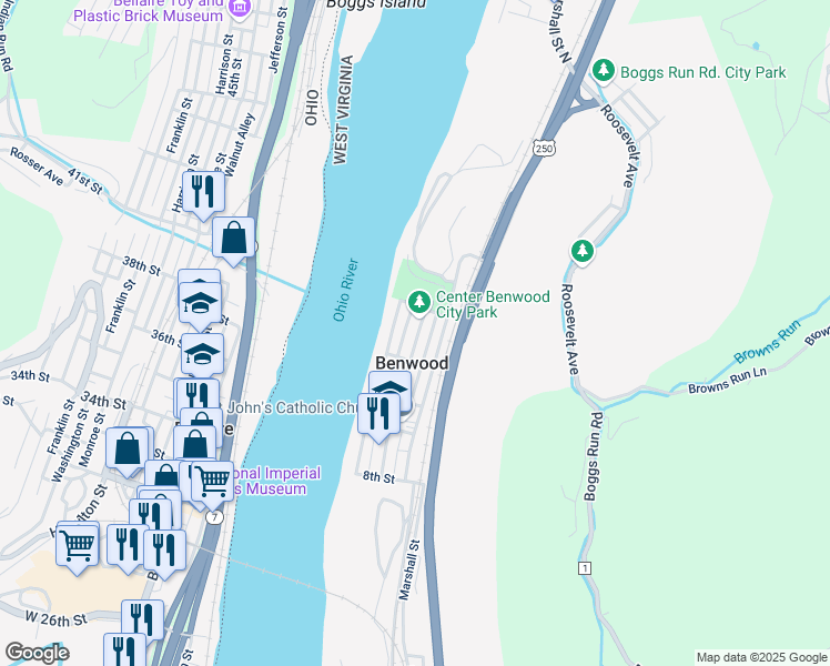 map of restaurants, bars, coffee shops, grocery stores, and more near 419 Main Street in Benwood
