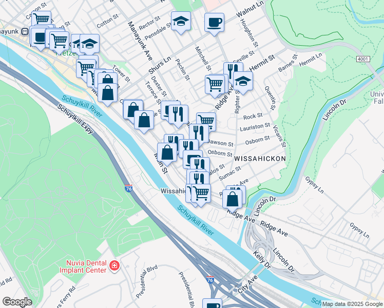 map of restaurants, bars, coffee shops, grocery stores, and more near 139 Vassar Street in Philadelphia