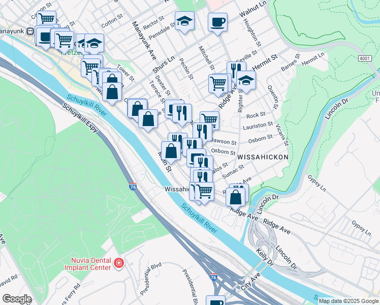 map of restaurants, bars, coffee shops, grocery stores, and more near 139 Vassar Street in Philadelphia
