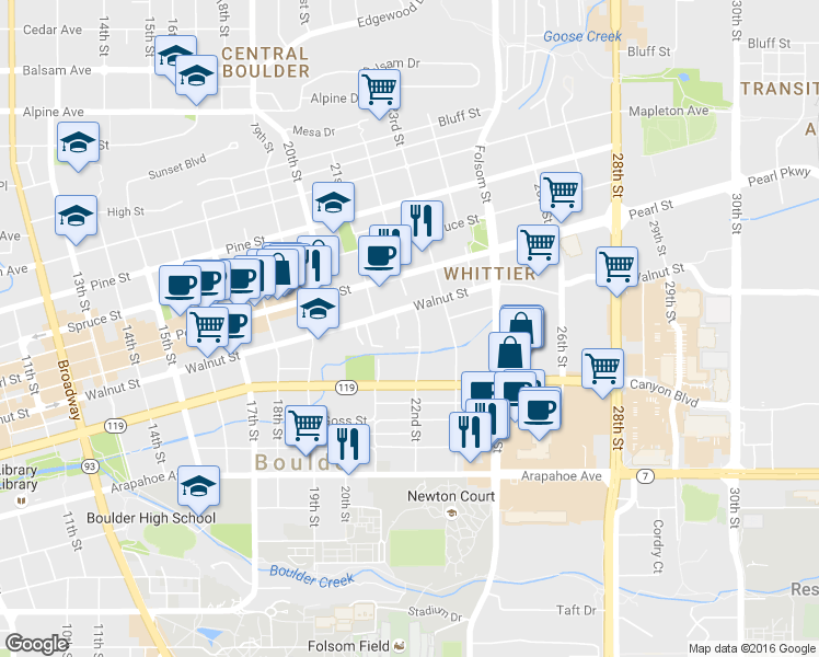map of restaurants, bars, coffee shops, grocery stores, and more near 2175 South Walnut Street in Boulder