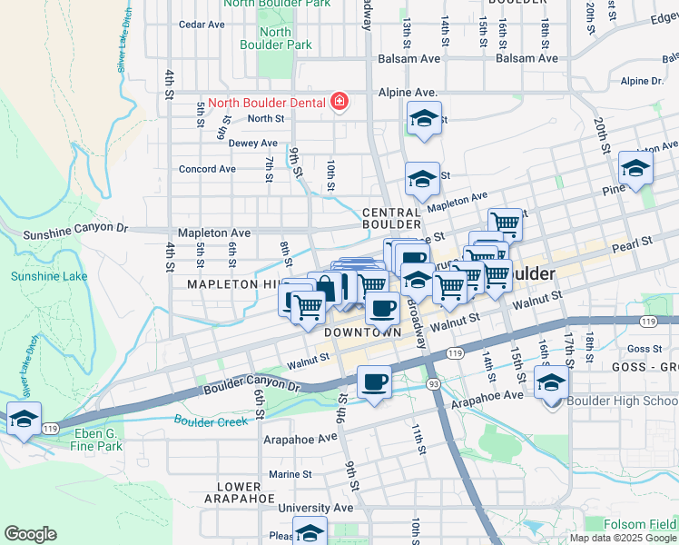 map of restaurants, bars, coffee shops, grocery stores, and more near 934 Spruce Street in Boulder