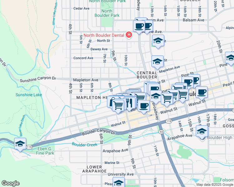 map of restaurants, bars, coffee shops, grocery stores, and more near 814 Pine Street in Boulder